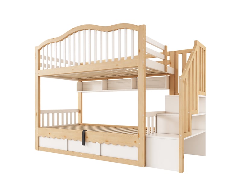  Lit superposé 90 × 200 cm avec rangement hydraulique, étagères et sécurité, sans matelas, en bois, blanc et chêne  - Conforama E