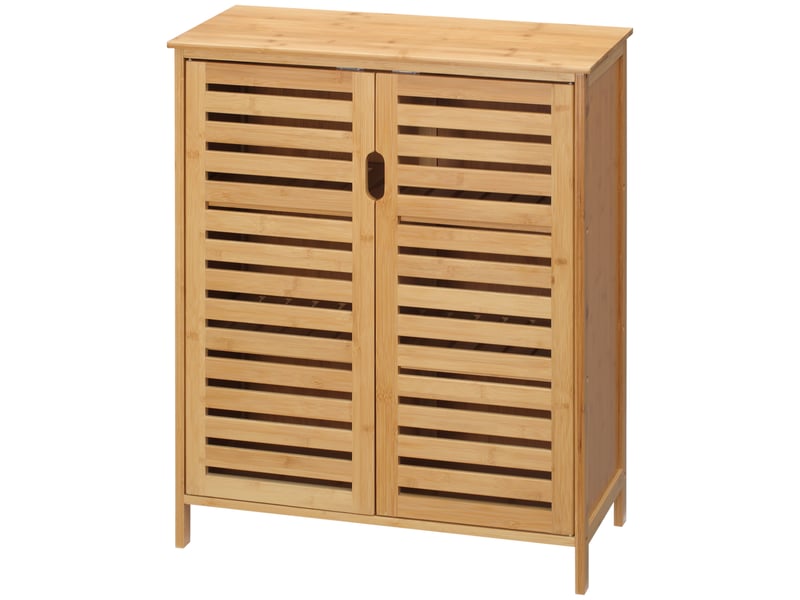  Meuble de salle de bain en bambou à lattes, idéal pour la salle de bain ou le couloir. Format compact, grand espace de rangement, bois naturel.  - Conforama B