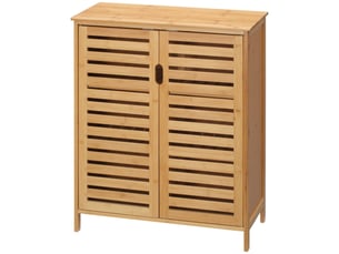 Meuble de salle de bain en bambou à lattes, idéal pour la salle de bain ou le couloir. Format compact, grand espace de rangement, bois naturel.