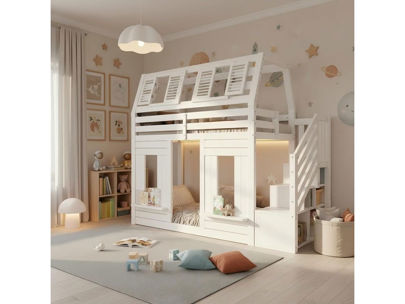 Lit superposé mezzanine enfant bois maison 90x200 cm led protection anti-chute escalier rangement forme fenêtre blanc  - Conforama D