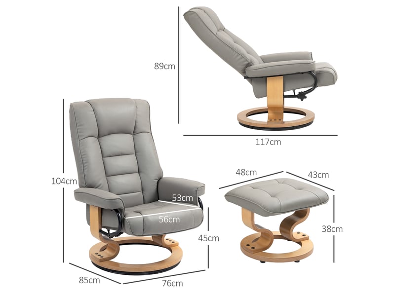  Fauteuil inclinable avec repose-pieds, pivotant et inclinable, revêtement en similicuir, jusqu'à 150 kg, structure en bois, gris  - Conforama E