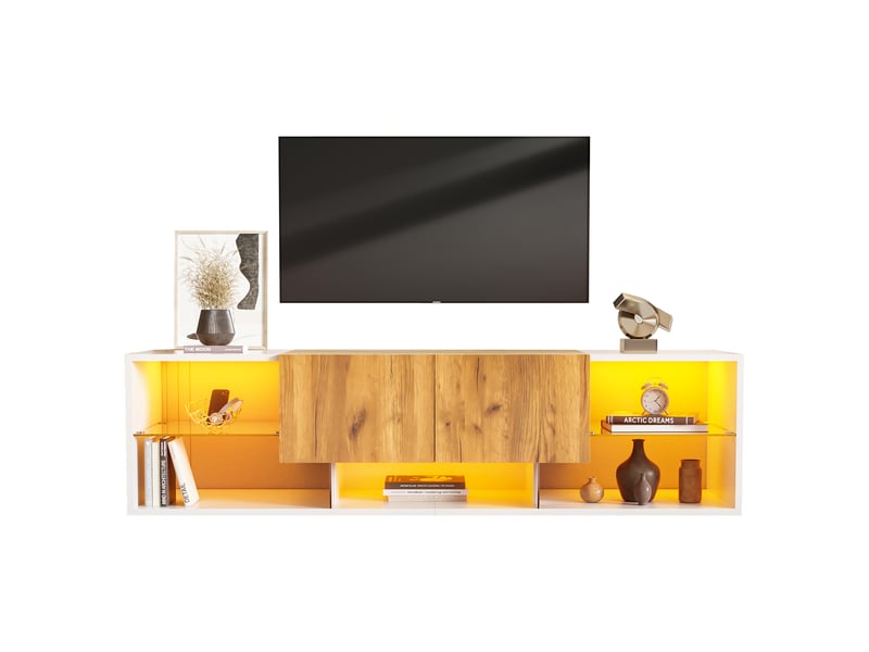 Meuble tv 160x40x42 cm avec led et 2 tiroirs, banc tv à 3 niveaux avec étagères en verre, structure en panneaux de particules, blanc et effet bois OPULERANE TRADING LTD - Conforama A