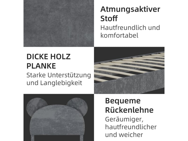  Lit rembourré 90x200 cm tête de lit dessin animé ludique - lit enfant - tissu gris doux cadre en métal design moderne minimaliste  - Conforama E