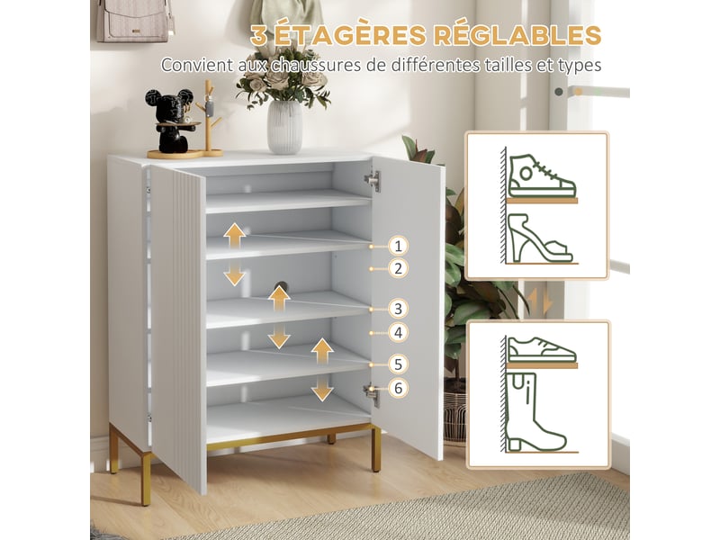  Meuble à chaussures 20 paires, armoire à chaussures moderne avec portes à fermeture douce, étagères réglables, blanc  - Conforama E