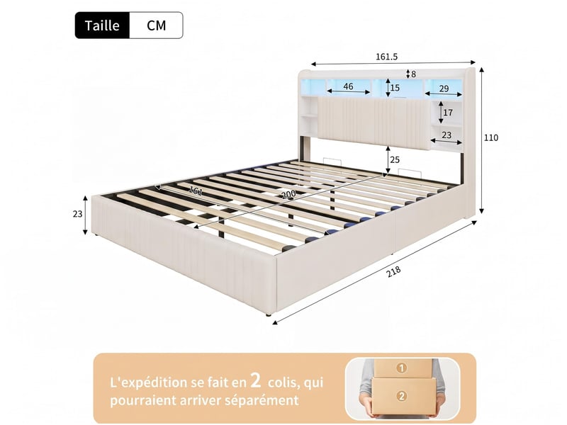  Lit 2 places 160x200 cm – lit coffre – tête de lit avec espace de rangement – ​​ ports usbtype-c – éclairage led rgb –  sommier à lattes – lin beige  - Conforama C