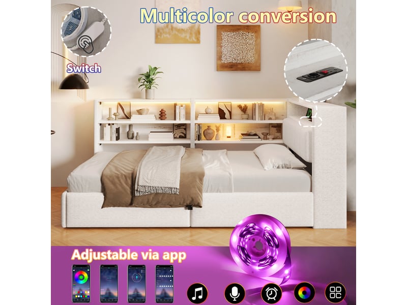  Lit banquette coffre rembourré 90x200 cm, rangement hydraulique, banc coffre mobile, meuble latéral réversible, led rgb, usb-ac, velours blanc Radiant Stride - Conforama E