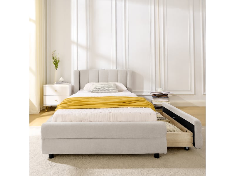 Lit simple pour enfant, avec rangement latéral, prise usb et revêtement en chenille douce, couleur beige - 90 x 200 cm - Conforama B