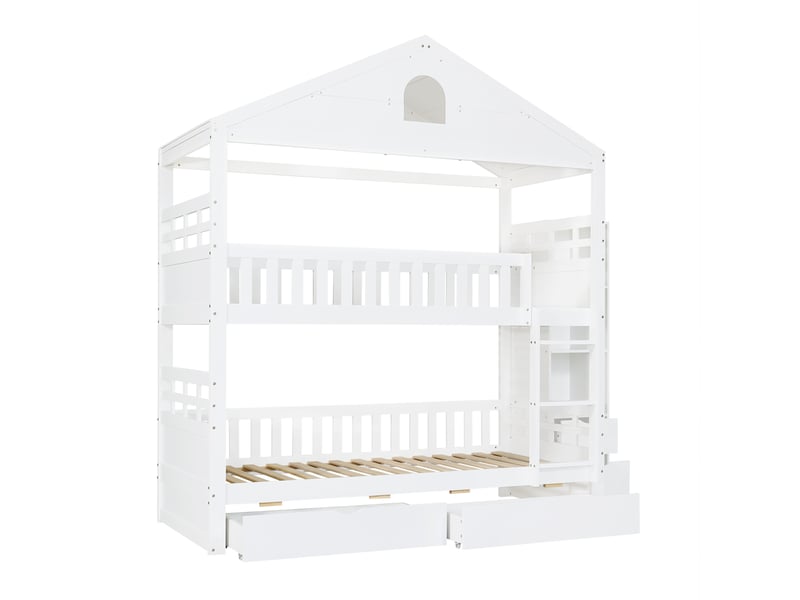  Lit superposé 90x200 cm lit enfant cabane avec rangements et échelle, blanc, sans matelas  - Conforama D