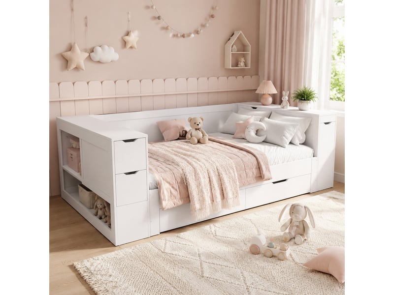  Lit enfant daybed avec rangements 90x200 cm mdf blanc  - Conforama B