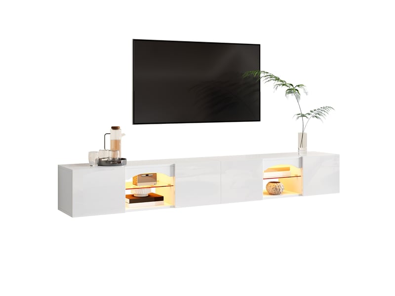  Meuble tv 200x30x28 cm blanc brillant avec led, 4 portes et 2 niches  - Conforama A