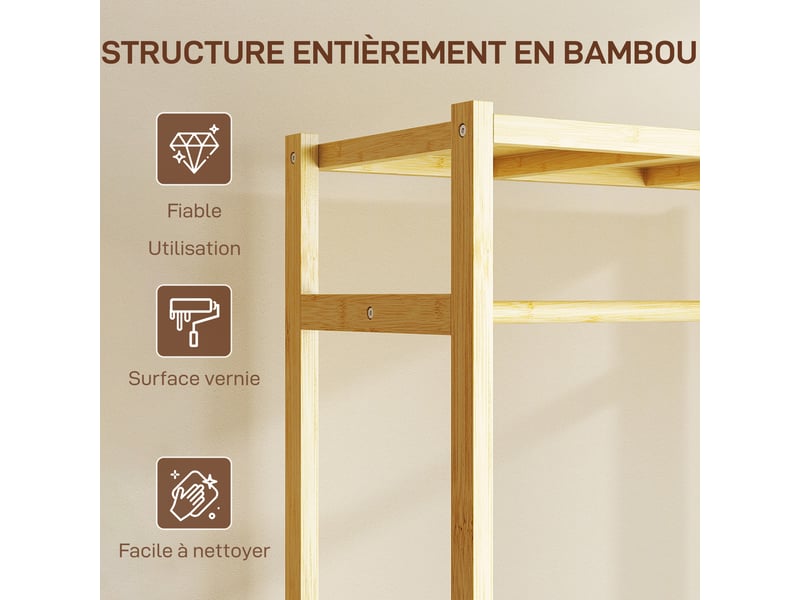  Portant à vêtements à roulettes en bambou avec 2 étagères 70x35x175 cm  - Conforama E