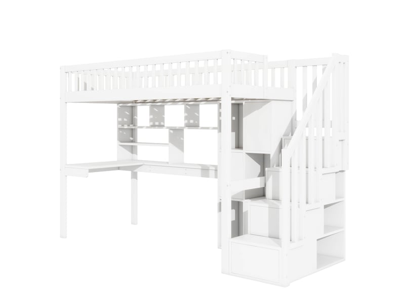  Lit surélevé 90*200cm blanc, led, échelle rangeante, étagères, bureau, sans matelas, structure en pin  - Conforama A