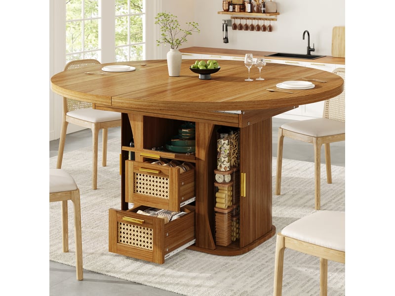  Table à manger extensible 118-158x118x77cm, tiroirs en osier et espace de rangement, aggloméré couleur chêne, cuisine et salon  - Conforama B