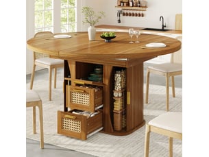 Table à manger extensible 118-158x118x77cm, tiroirs en osier et espace de rangement, aggloméré couleur chêne, cuisine et salon
