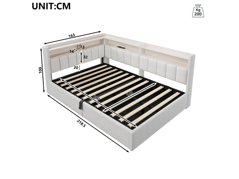  Lit coffre hydraulique 140x200 cm avec led, usb-a et usb-c et tête réversible, velours beige, sans matelas  - Conforama C