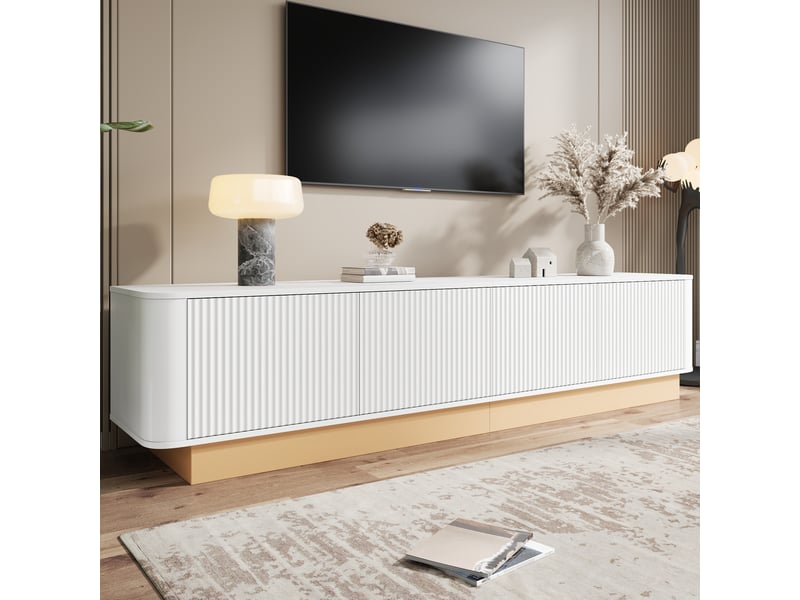 Meuble tv ulevr 200 cm à 4 portes avec rangement réglable, mdf blanc, passe-câbles et socle contrasté doré - Conforama E