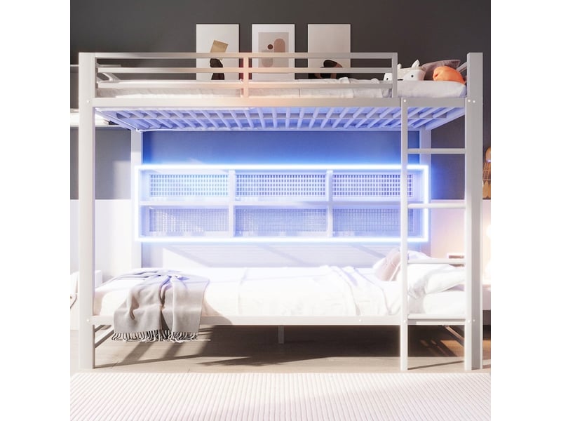  Lit superposé 140x200 cm en métal avec rangements et led blanc  - Conforama B