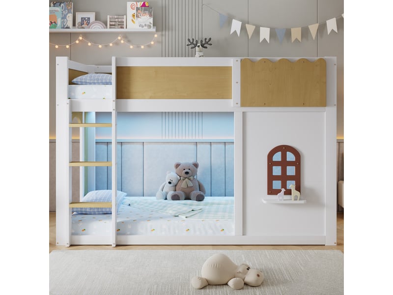 Lit mezzanine en bois 90x200 cm, blanc et bois naturel, avec espace de jeu personnalisable, design avec fenêtres et guirlande lumineuse - Conforama D