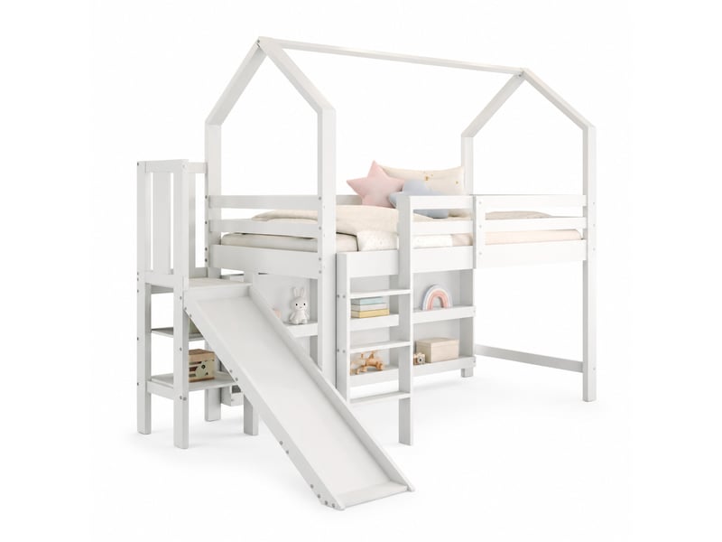  Lit enfant 90x200 cm avec toboggan et rangements en bois et mdf blanc  - Conforama A