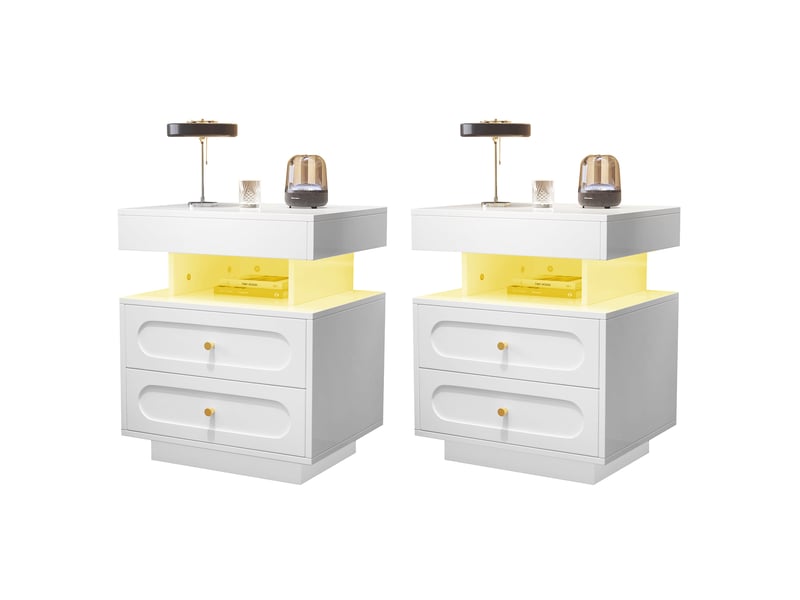  Table de chevet 100x40x60 cm avec éclairage led et 2 tiroirs, panneau de particules, blanc  - Conforama A