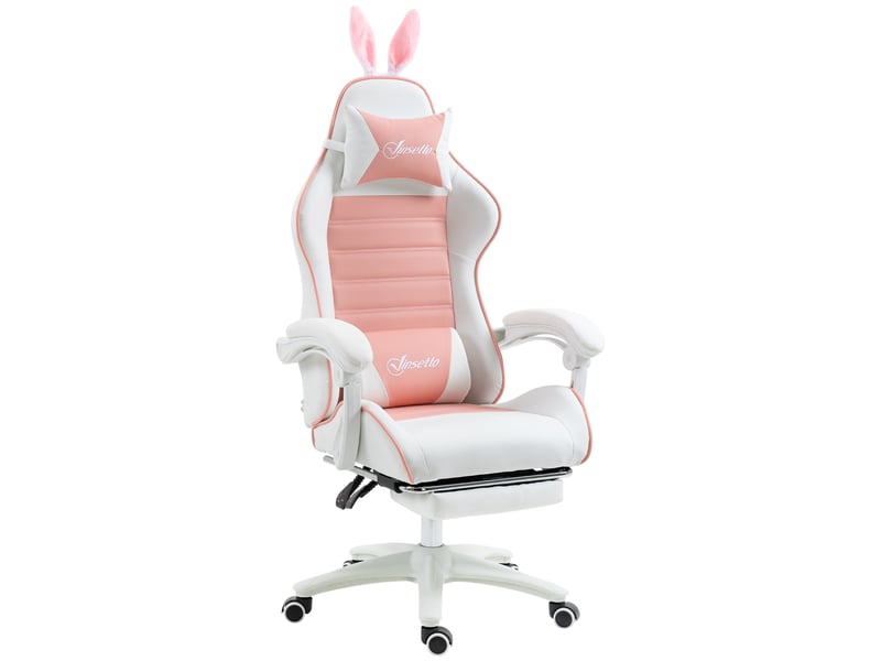  Chaise gaming ergonomique rose avec soutien lombaire repose-pieds oreilles de lapin et coussin tête  - Conforama E