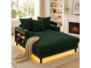 Chaise longue multifonctionnelle en velours côtelé, grand espace de repos, led, port usb, rangement, 3 coussins