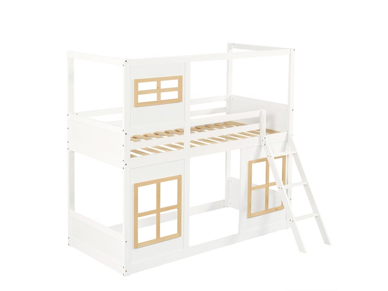  Lit superposé enfant 90x200 cm fenêtres décoratives, échelle et barrières, structure mdf, blanc naturel, sans matelas  - Conforama E