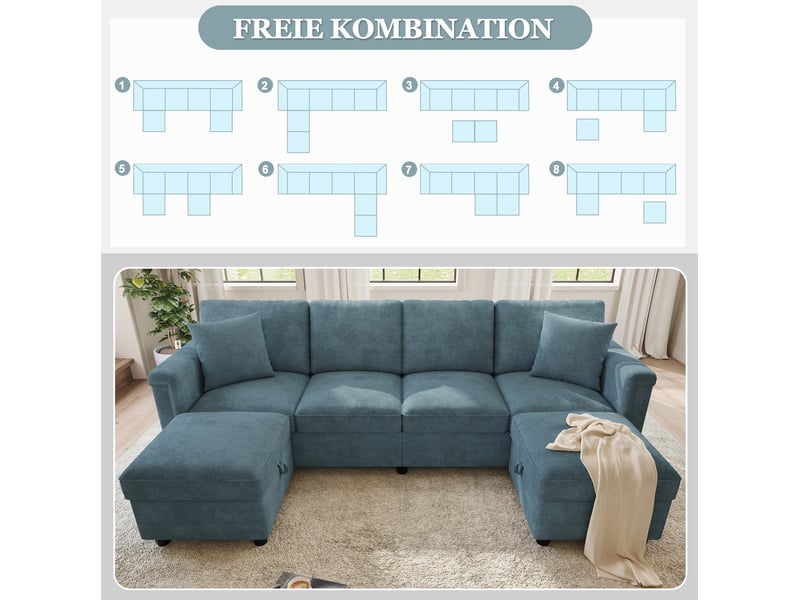  Canapé modulable 261x134x82 cm avec 2 poufs de rangement bleu  - Conforama D