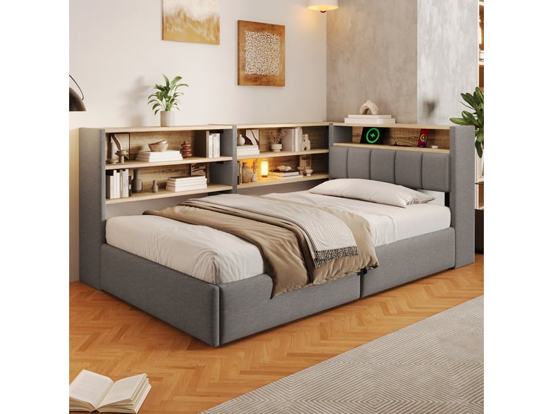  Lit banquette 90 x 200 cm, relevage hydraulique, prise électrique, rangement latéral réversible, port usb, bande led, velours, gris Bliss Lite - Conforama B