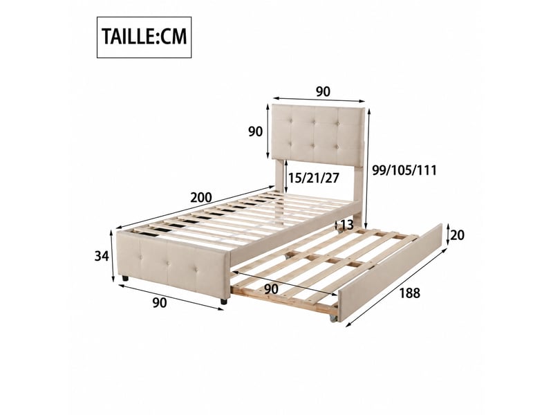  Lit enfant rembourré 90 x 200 cm avec couchage gigogne - tête réglable, tissu lin beige  - Conforama C