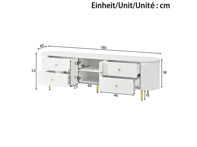  Meuble tv lowboard 180x40 cm – blanc – mdf, 2 tiroirs, double porte, passe-câbles  - Conforama C