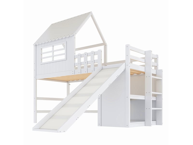  Lit mezzanine enfant 90 x 200 cm blanc en bois et mdf, avec toboggan, échelle et rangements ouverts  - Conforama D