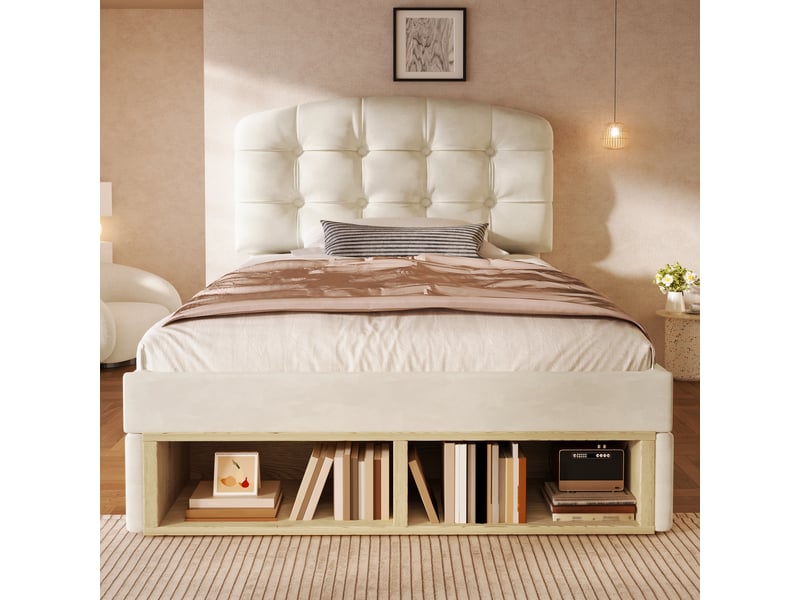  Lit simple 90x200 cm, lit rembourré en velours avec tête de lit courbée réglable en hauteur, tiroirs de rangement, sommier à lattes - beige  - Conforama E