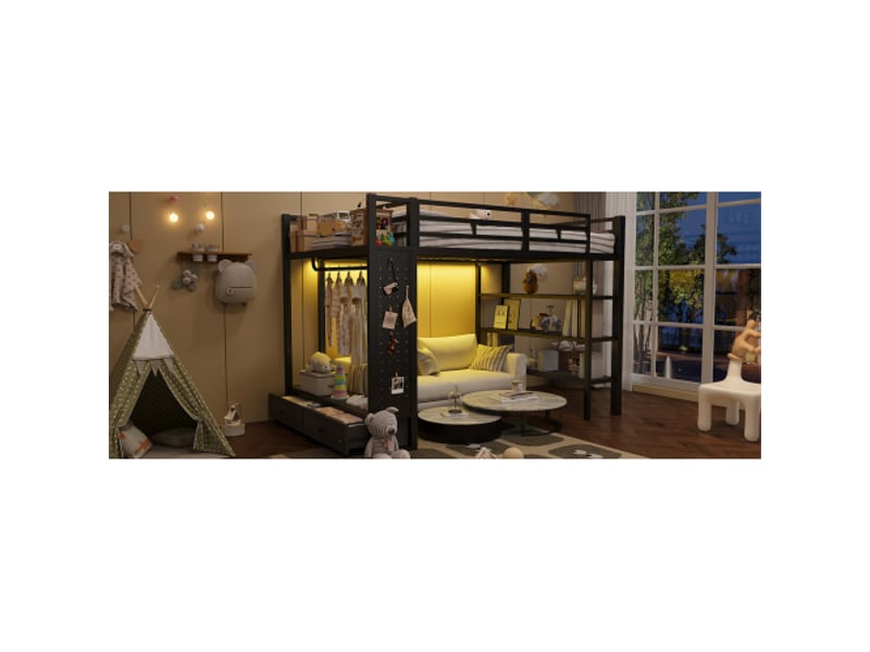 Cadre de lit superposé 140x200 avec armoire ouverte, rangements, panneau perforé et éclairage led, en métal noir. BUBBLY - Conforama C