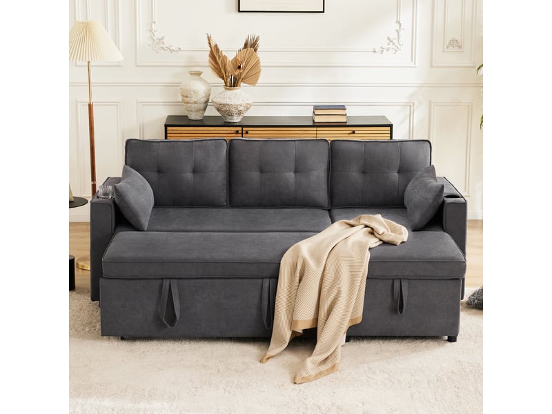 Canapé d’angle convertible en l 3 places avec méridienne réversible, fonction lit, coffre de rangement, porte-gobelets, poches latérales et 2 coussins - gris - Conforama E