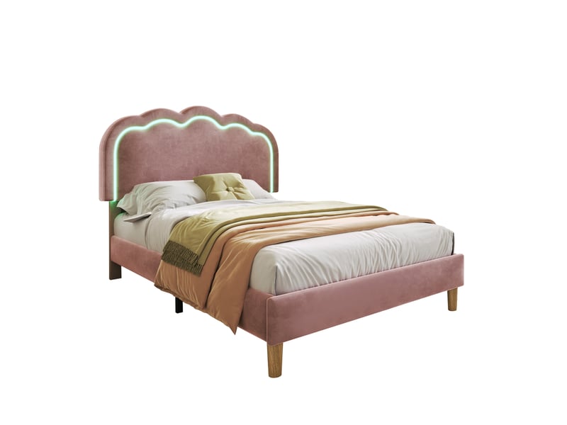  Lit enfant 90x190 cm avec tête pouf et led, velours, rose, sans matelas  - Conforama A
