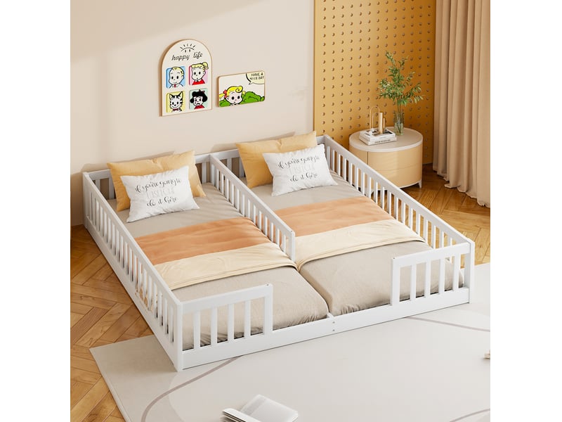 Lit enfant 2 places 90 × 200 cm et 90 × 200 cm avec barrières, sans matelas, en bois et mdf, blanc  - Conforama B