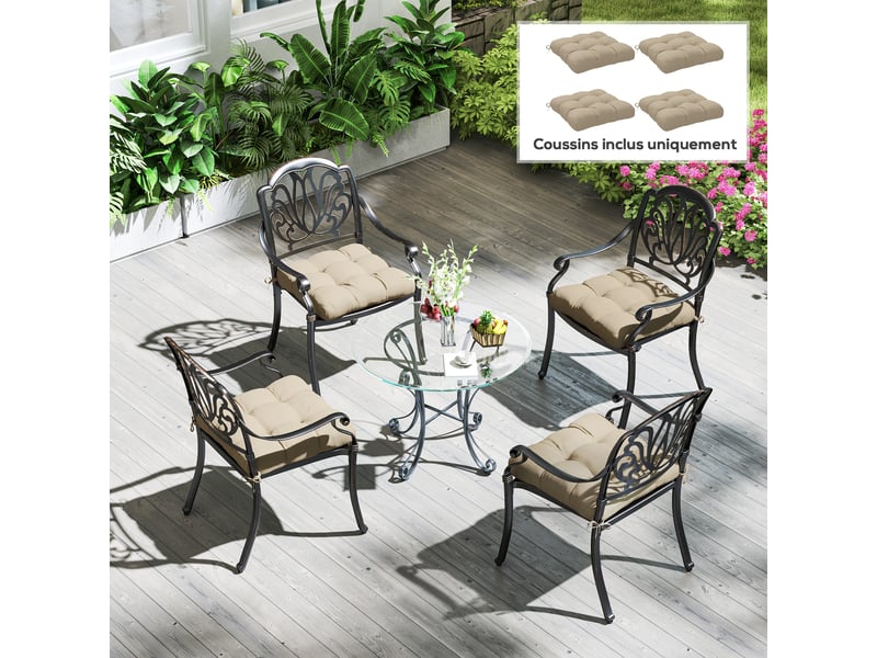  Lot de 4 coussins de chaise de jardin, coussins extérieurs capitonné, rembourrage 10 cm avec attaches, 48 x 48 cm kaki  - Conforama C
