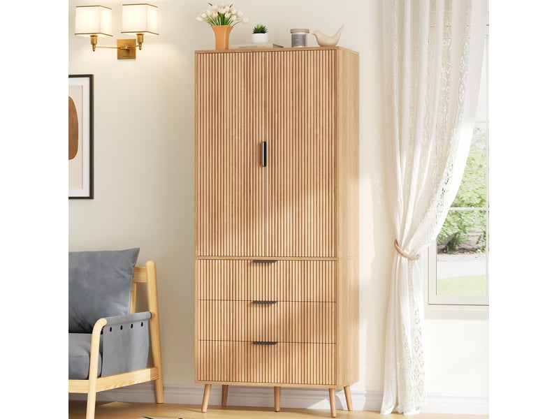  Armoire de cuisine 75x35x180 cm en mdf naturel avec 2 portes et 3 tiroirs  - Conforama B
