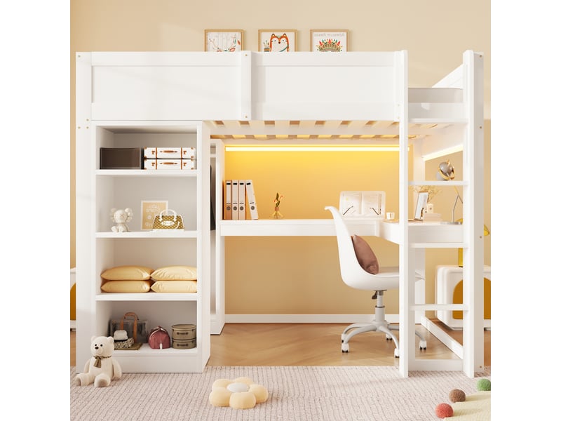Lit mezzanine 140 x 200 cm avec bureau en l, armoire ouverte et 4 étagères, rangements supérieurs avec led et station de charge, en bois blanc - Conforama C