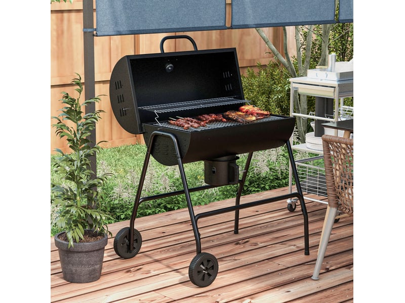  Grill charbon métal bbq smoker 95 x 71,5 x 102 cm – noir – thermomètre, couvercle, roulettes  - Conforama B