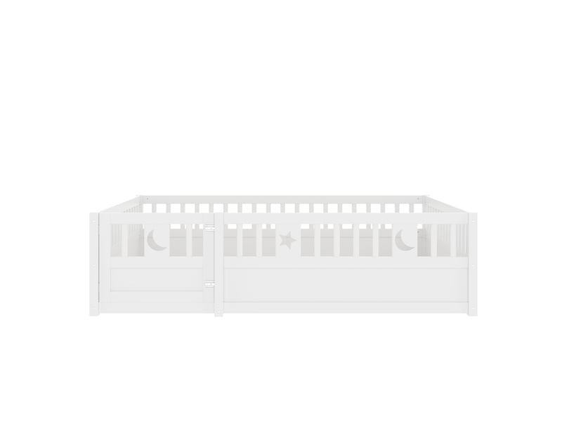  Lit enfant 140x190 cm blanc, barrières, étoiles et lune, style minimaliste, sans sommier ni matelas  - Conforama A