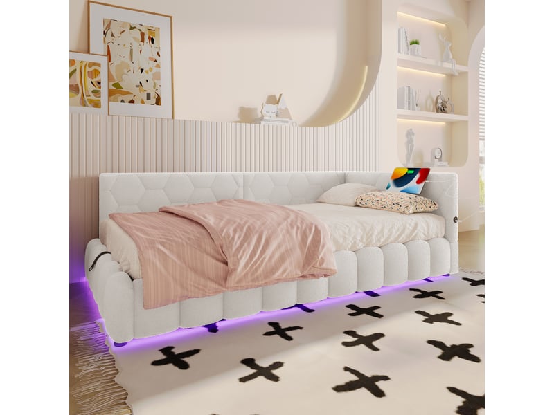  Lit de jour 90x200 velours blanc - lit coffre hydraulique avec led multicolore et ports usbtype-c  - Conforama B