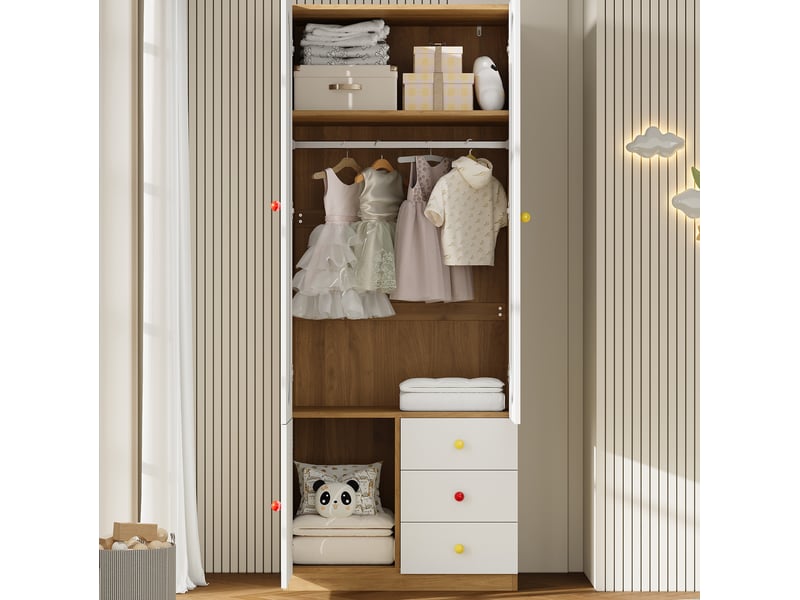  Armoire penderie enfant 80 x 50 x 200 cm blanche en mdf, 2 portes, 3 tiroirs et tringle à vêtements  - Conforama E
