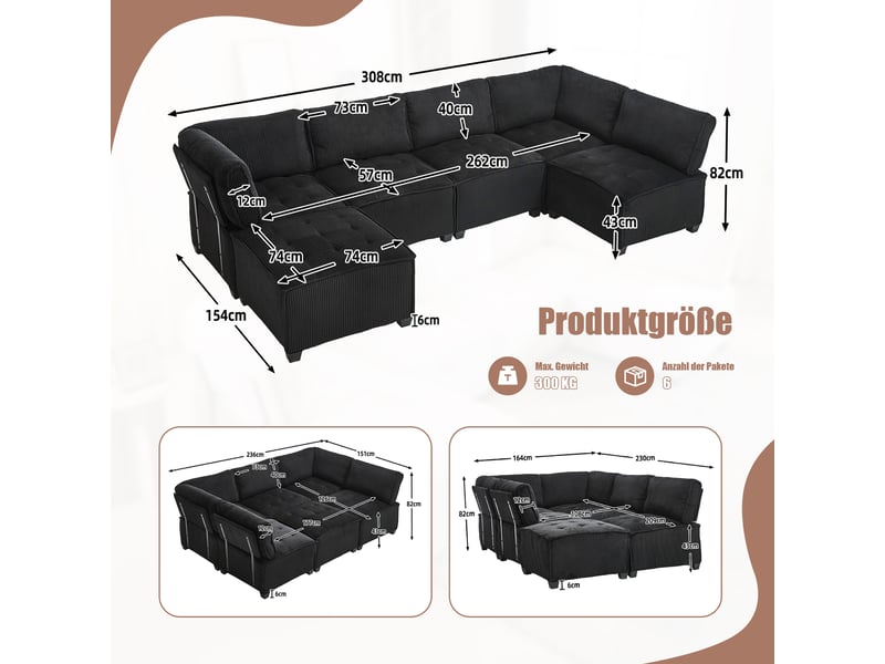  Canapé d'angle panoramique convertible 6 places velours noir canapé d'angle noir - Conforama C