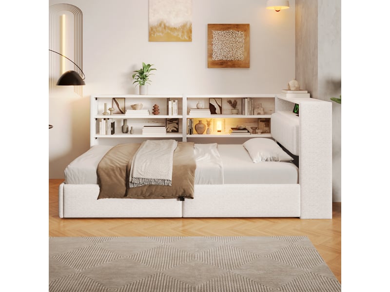  Lit banquette 90 x 200 cm, relevage hydraulique, prise électrique, rangement latéral réversible, port usb, bande led, velours, blanc Bliss Lite - Conforama E