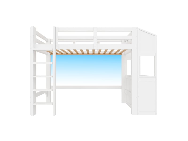  Lit mezzanine 90x200 cm avec 3 tiroirs et étagères, éclairage led, blanc  - Conforama A