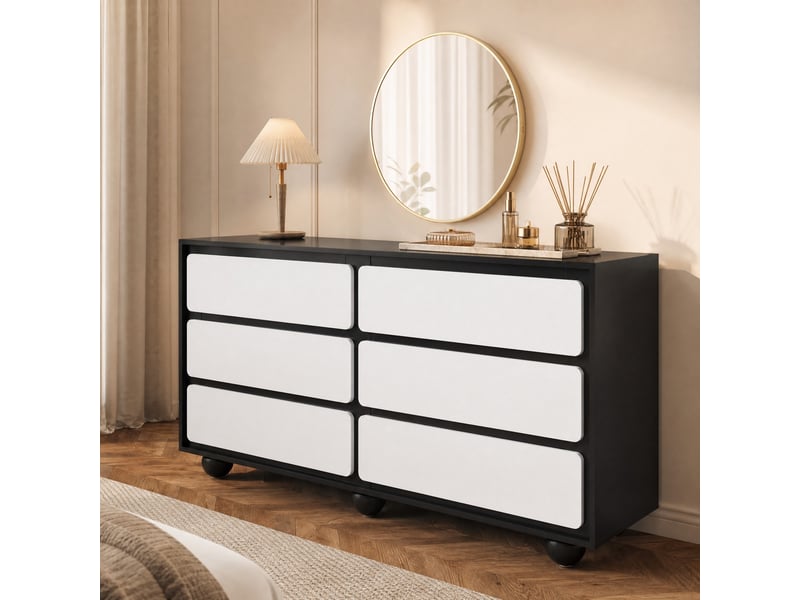  Commode avec 6 tiroirs, bords arrondis et pieds en métal, pour chambre ou salon, panneaux de particules, blanc et noir, 140×38×74,5 cm  - Conforama B