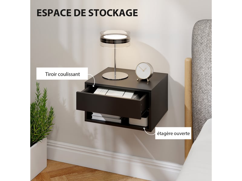  Lot de 2 tables de chevet murales, tables de nuit, tiroir, compartiment ouvert, plateau, 37 x 32 x 21 cm, noir  - Conforama R