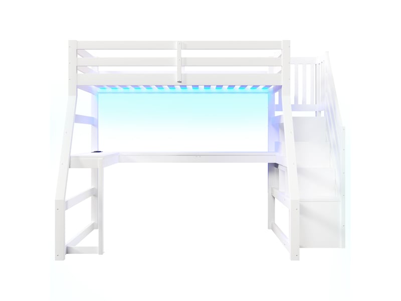 Haut de lit 90x200 cm en bois blanc avec bureau intégré, éclairage led, prise usb et escalier avec rangement 4071298338157